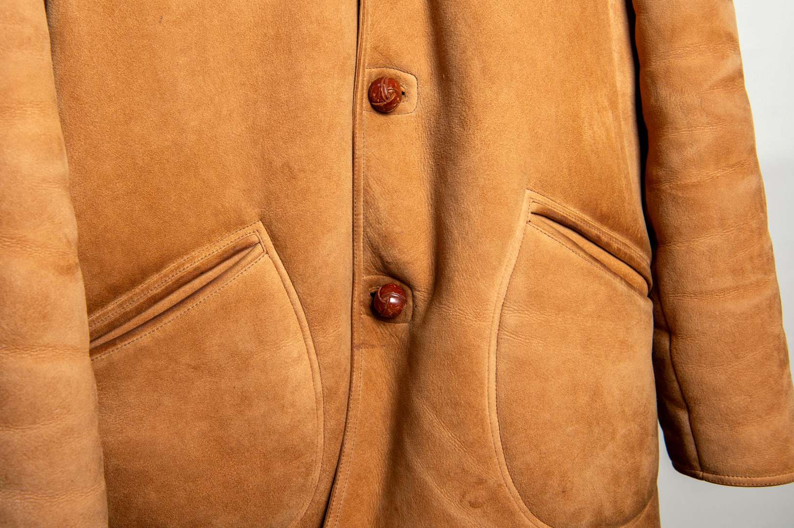 <p>RM WILLIAMS, a men's, tan sheepskin button up coat, size 3XL</p>