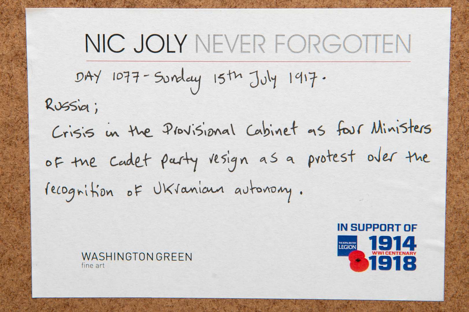 <p>NIC JOLY, &nbsp;“NEVER FORGOTTEN, DAY 1077", mixed media.</p>