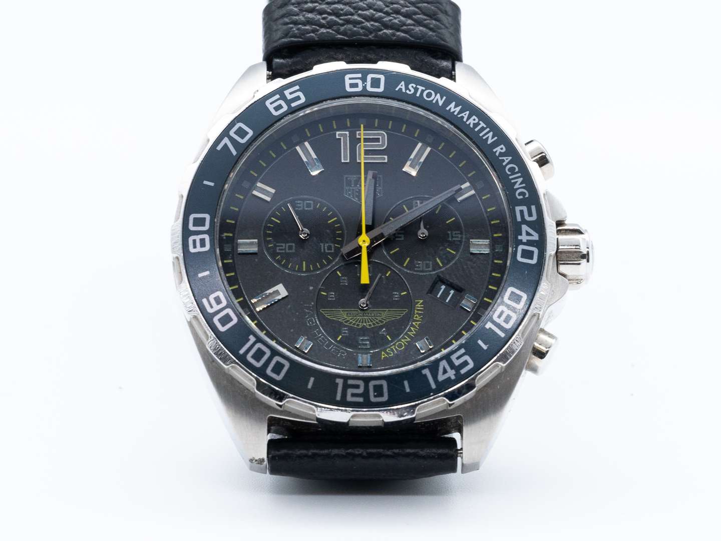 <p>TAG HEUER, Aston Martin, a stainless steel, quartz, two button chronograph wristwatch.</p>