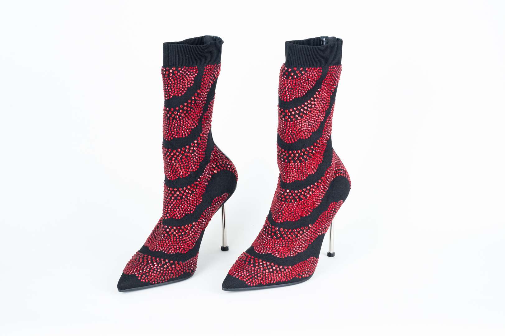<p>ALEXANDER McQUEEN, a pair of hand sewn, red crystal, stiletto, sock boots</p>