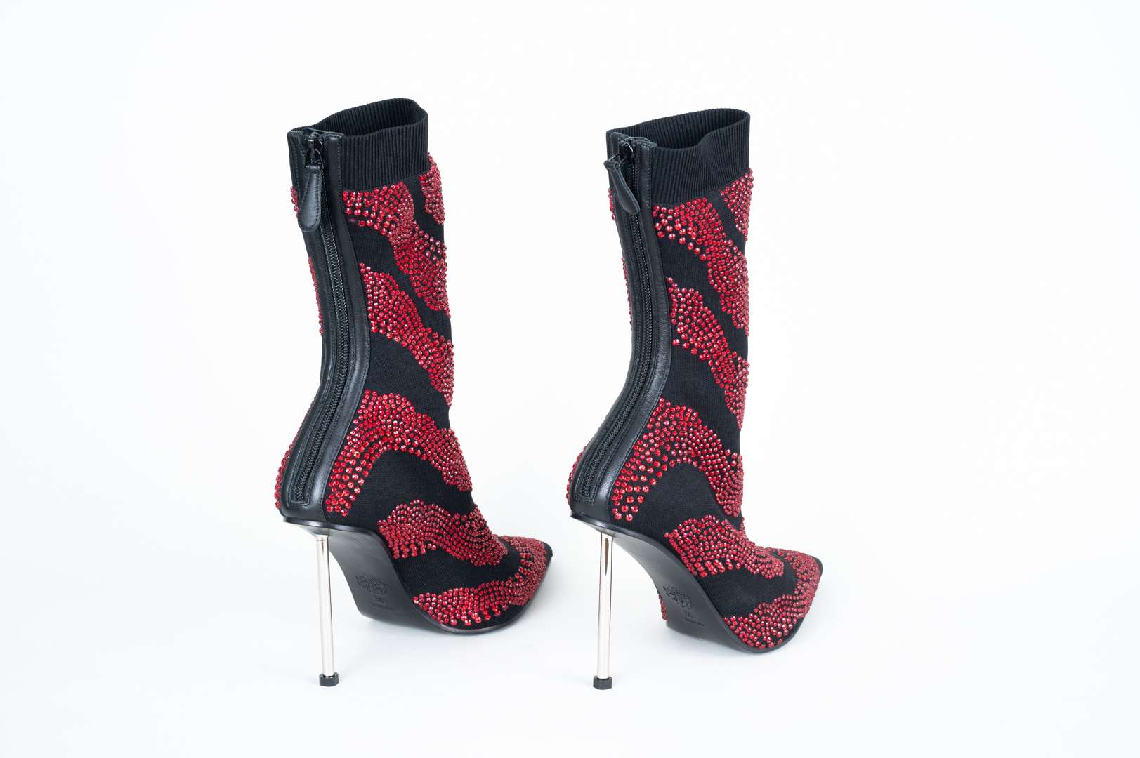 <p>ALEXANDER McQUEEN, a pair of hand sewn, red crystal, stiletto, sock boots</p>