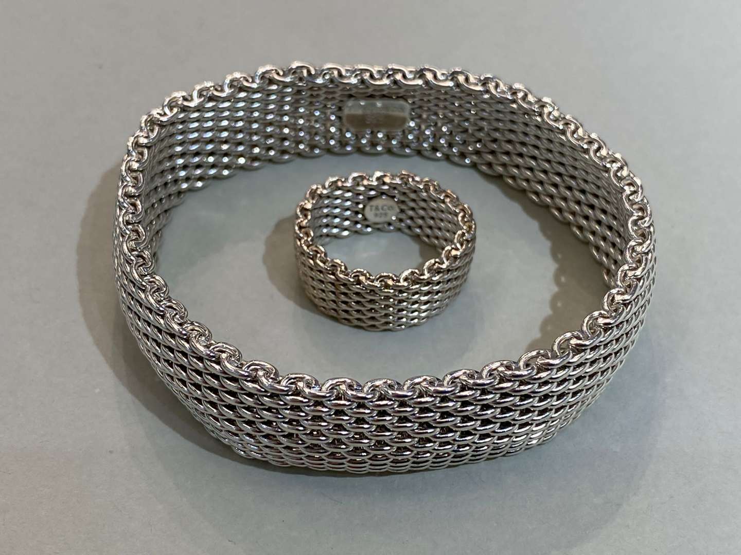 <p>TIFFANY & CO, sterling silver “Somerset” mesh bracelet & ring</p>