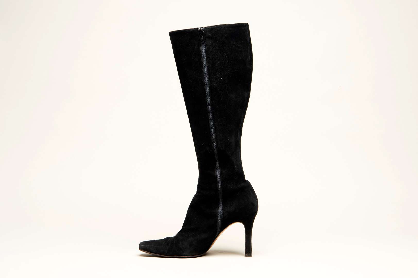 <p>JIMMY CHOO, a pair of knee high, brushed black suede high heel boots</p>