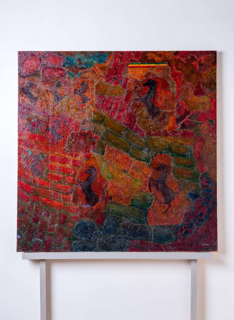 <p>An Original Painting By Chris Rea - Cavallino Rampante against abstract wall</p>