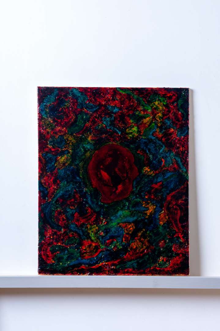 <p>An Original Painting By Chris Rea - Cavallino Rampante on abstract field</p>