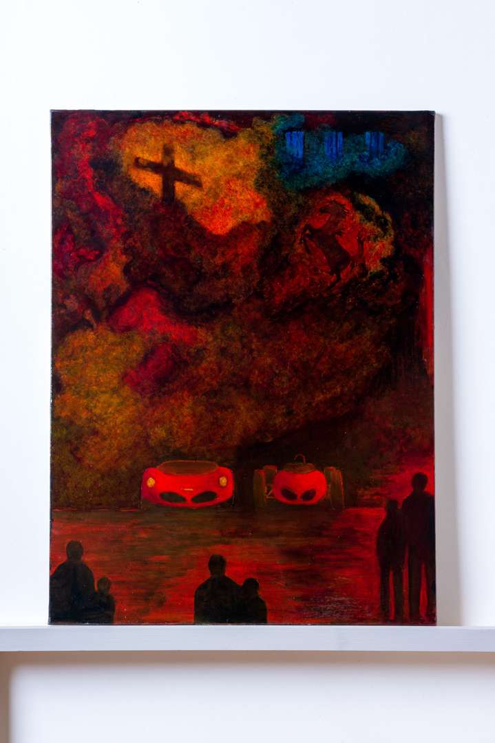 <p>An Original Painting By Chris Rea - Cavallino Rampante with race detail and Crucifix</p>