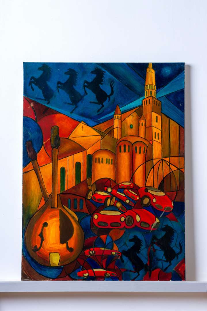 <p>An Original Painting By Chris Rea - Cavallino Rampante with abstract car, Cathedral &amp; Mandolins</p>