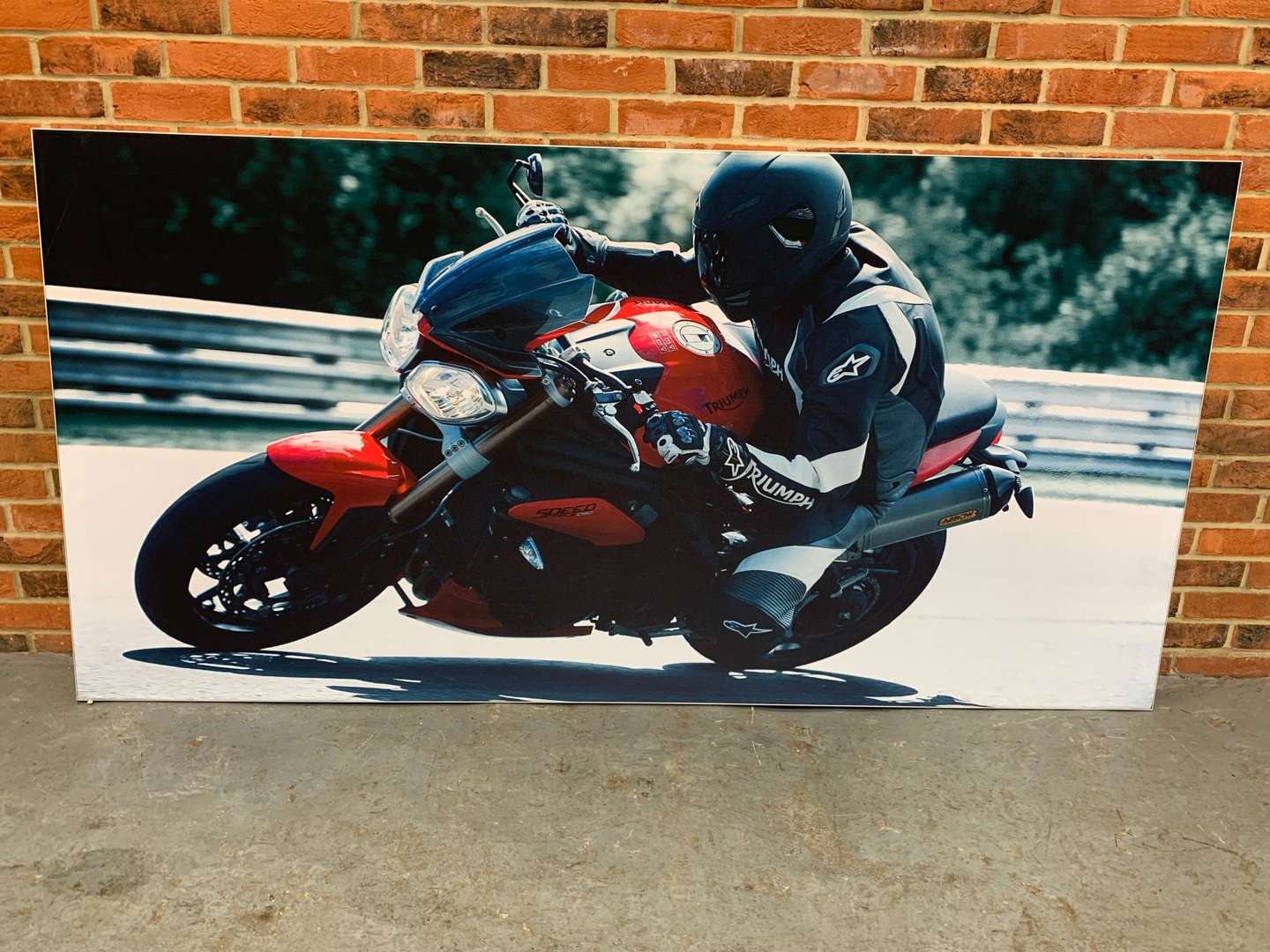 <p>Large Display Sign of a Triumph and Rider on Canvas</p>