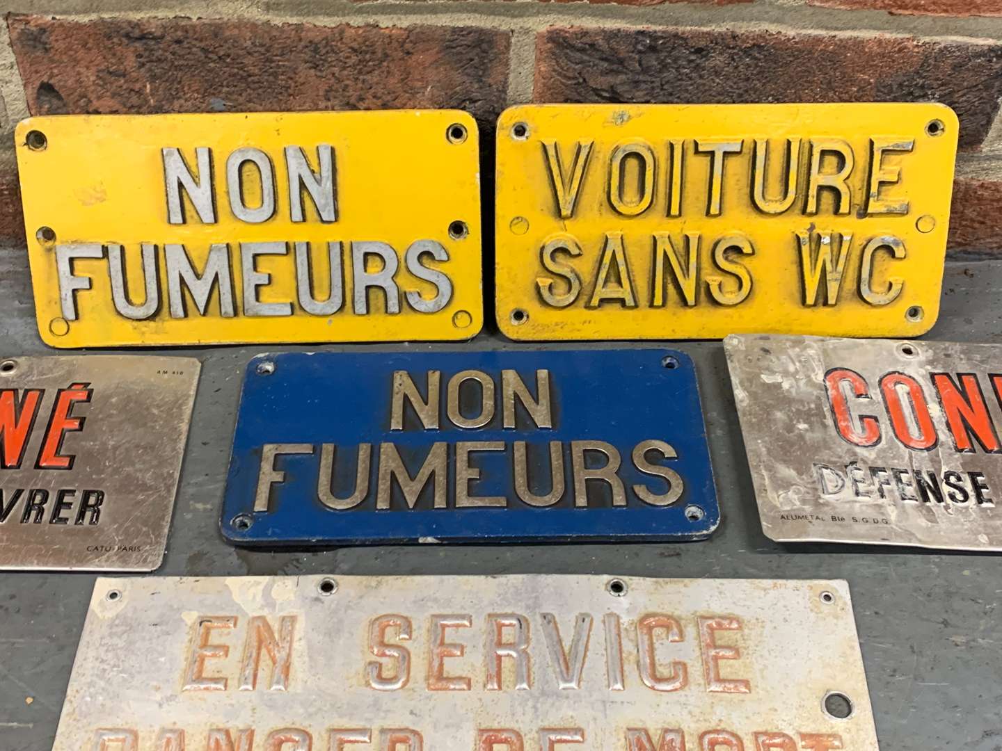 <p>Six French Metal Pre-War Railway Carriage Signs &nbsp;</p>