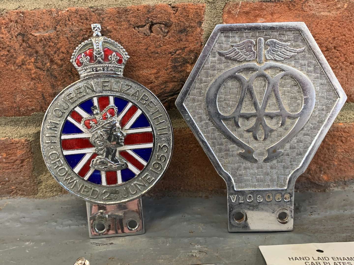<p>AA Badge, Queen Elizabeth Coronation Badge and Two Union Jack Badges (4)</p>