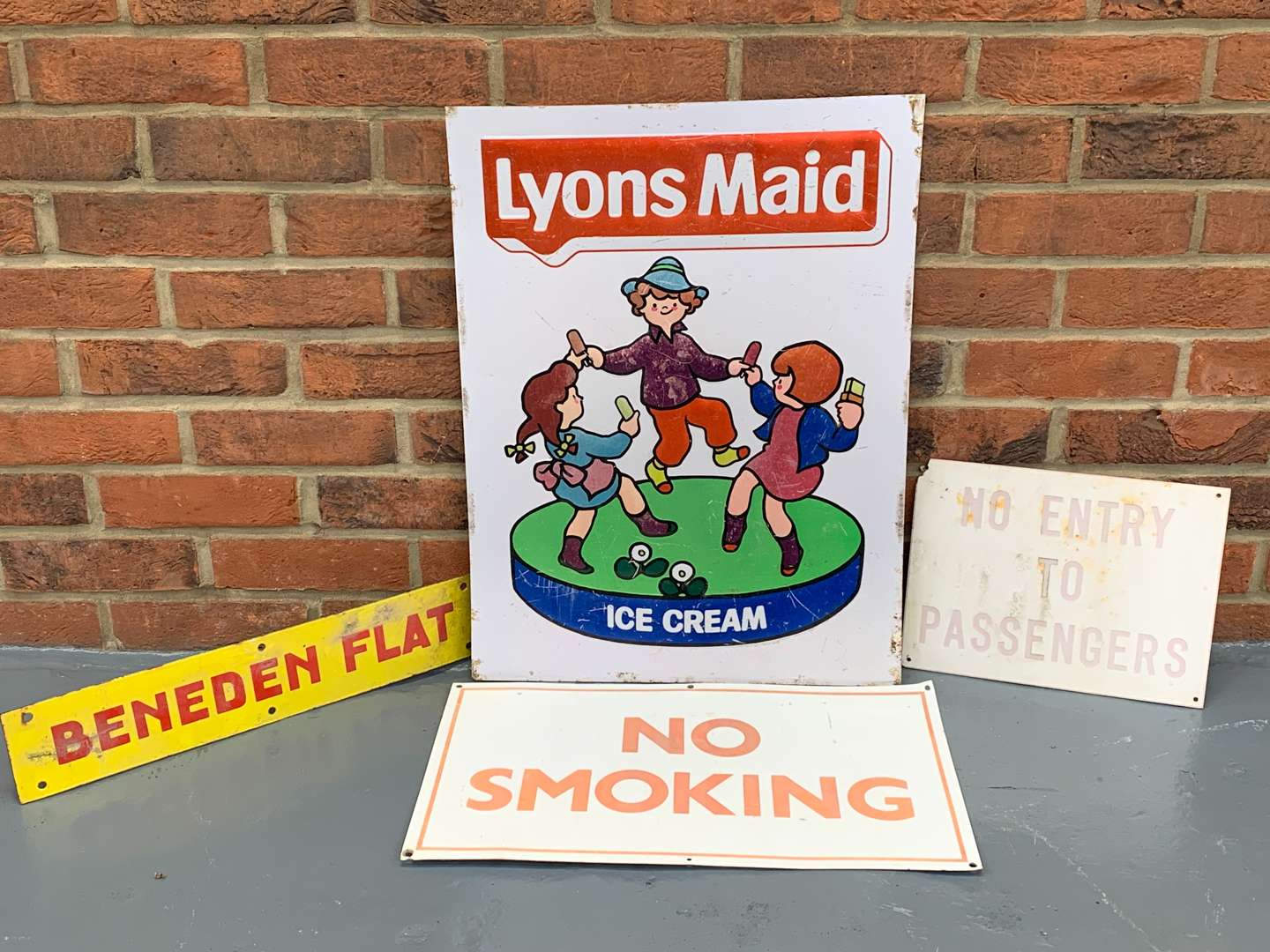 <p>Tin Lyons Ice Cream Sign, Two Warning Signs Etc</p>