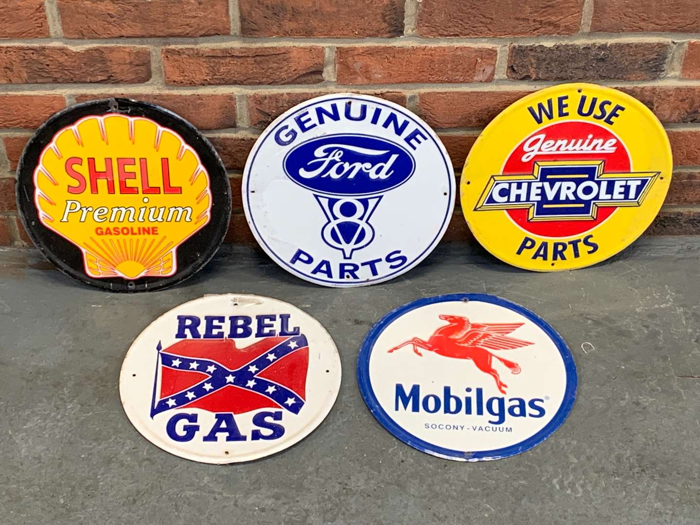 <p>Five Pressed Tin Motoring Signs</p>