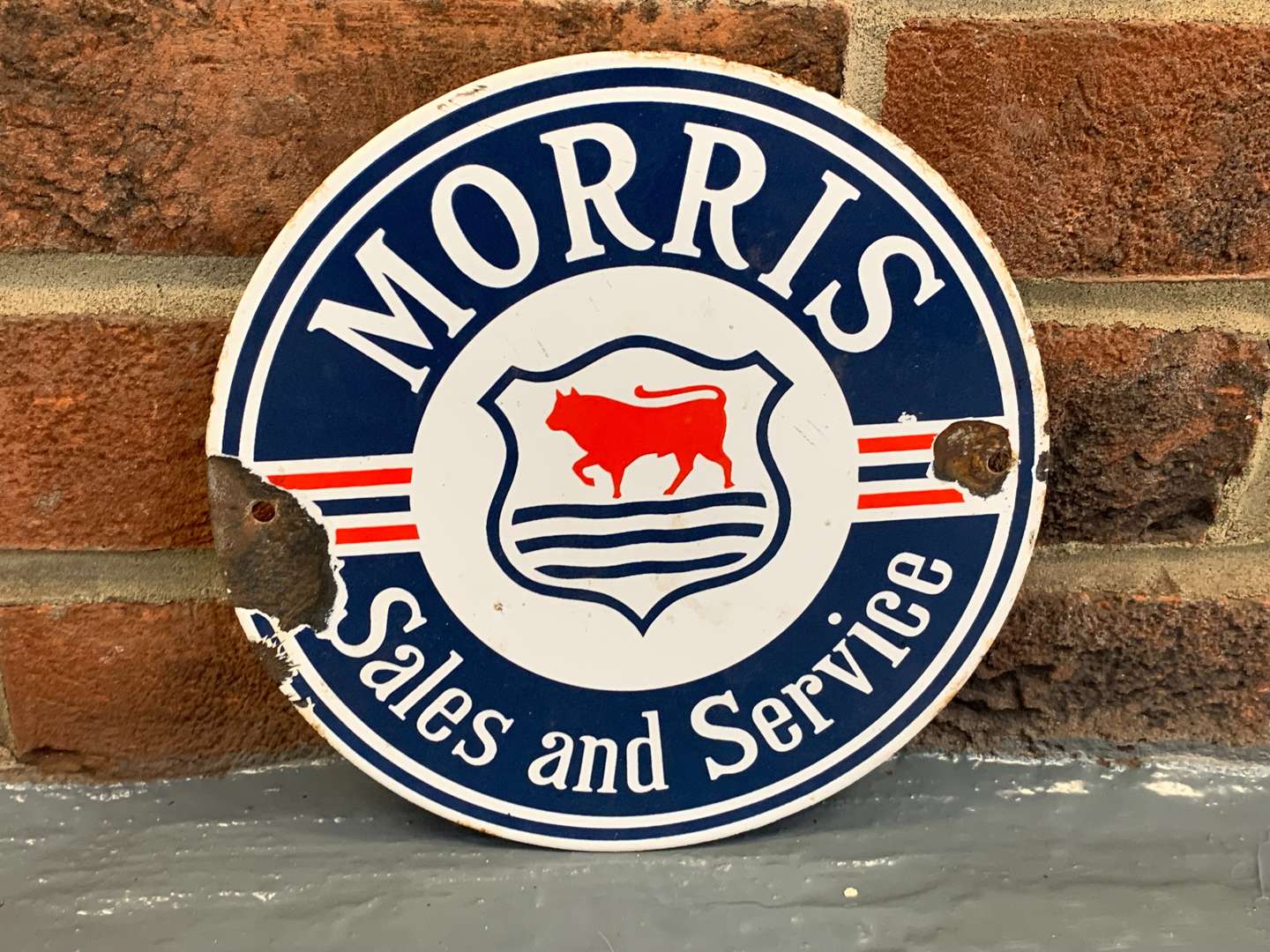 <p>Small Enamel Morris Sales and Service Sign</p>