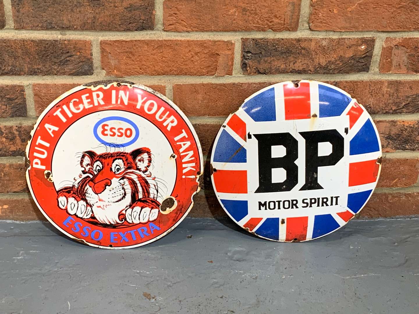 <p>Two Enamel BP and Esso Convex Signs</p>