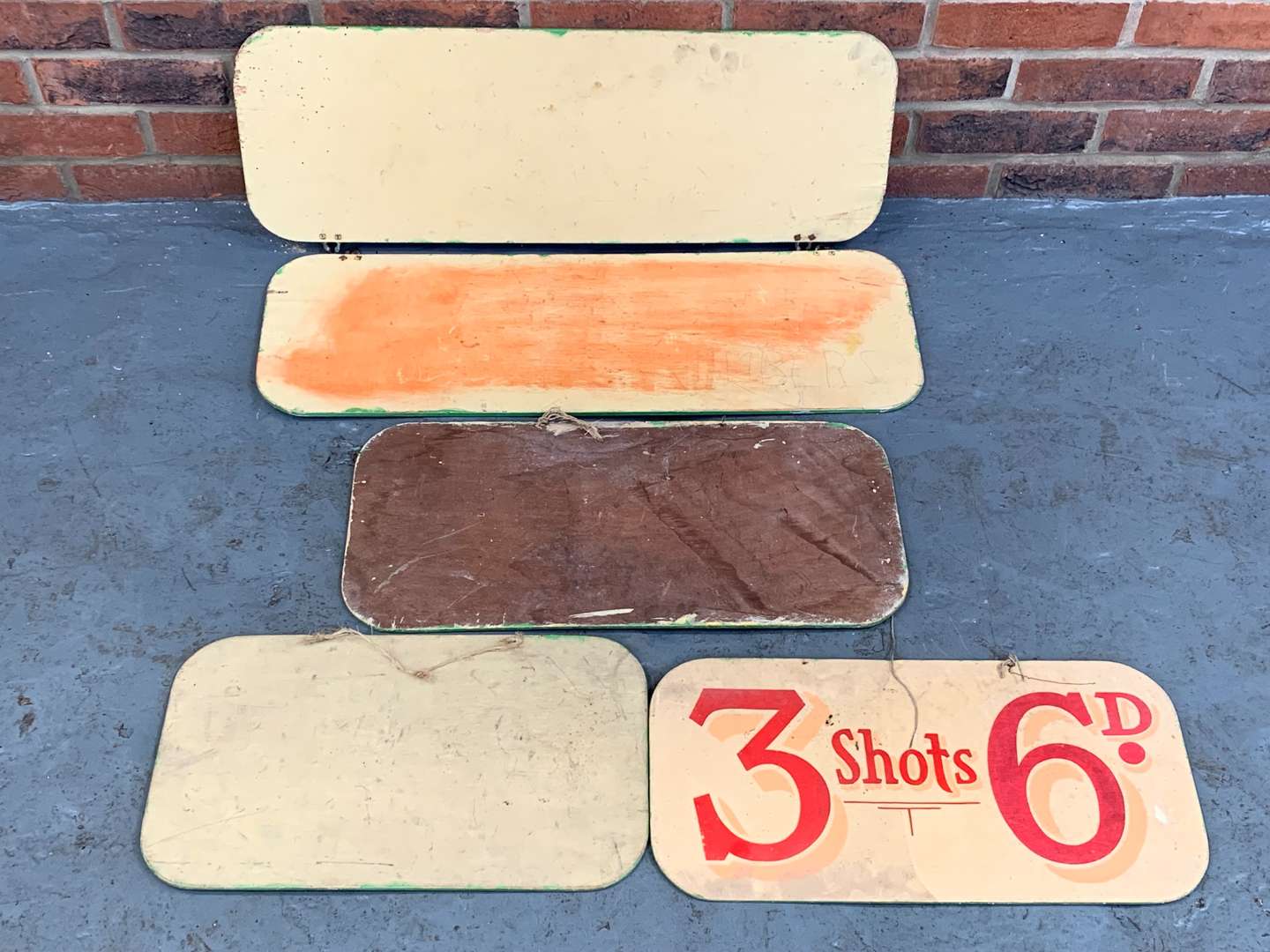 <p>Five Vintage Painted Fairground Signs on Board</p>