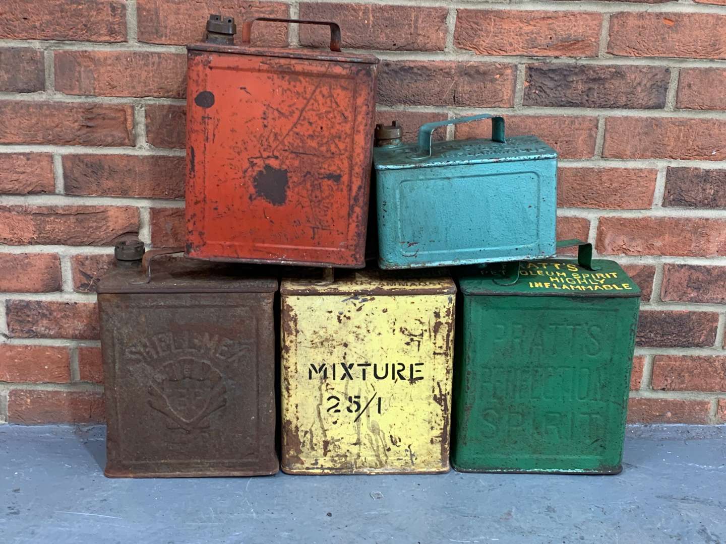 <p>Four Vintage Two Gallon Fuel Cans and One Other</p>