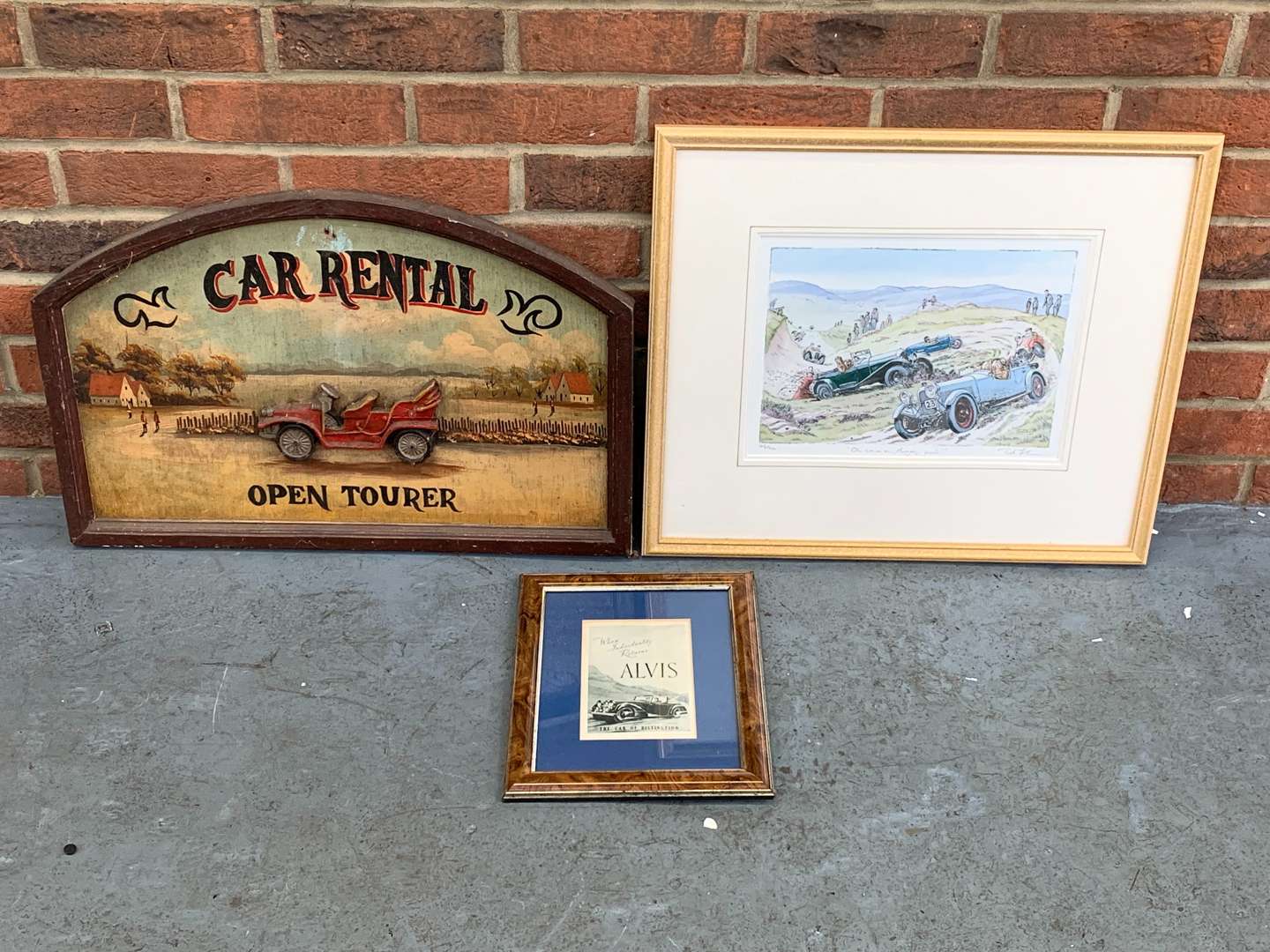 <p>Wooden Car Rental Sign, Bob Farndon Print and One Other (3)</p>