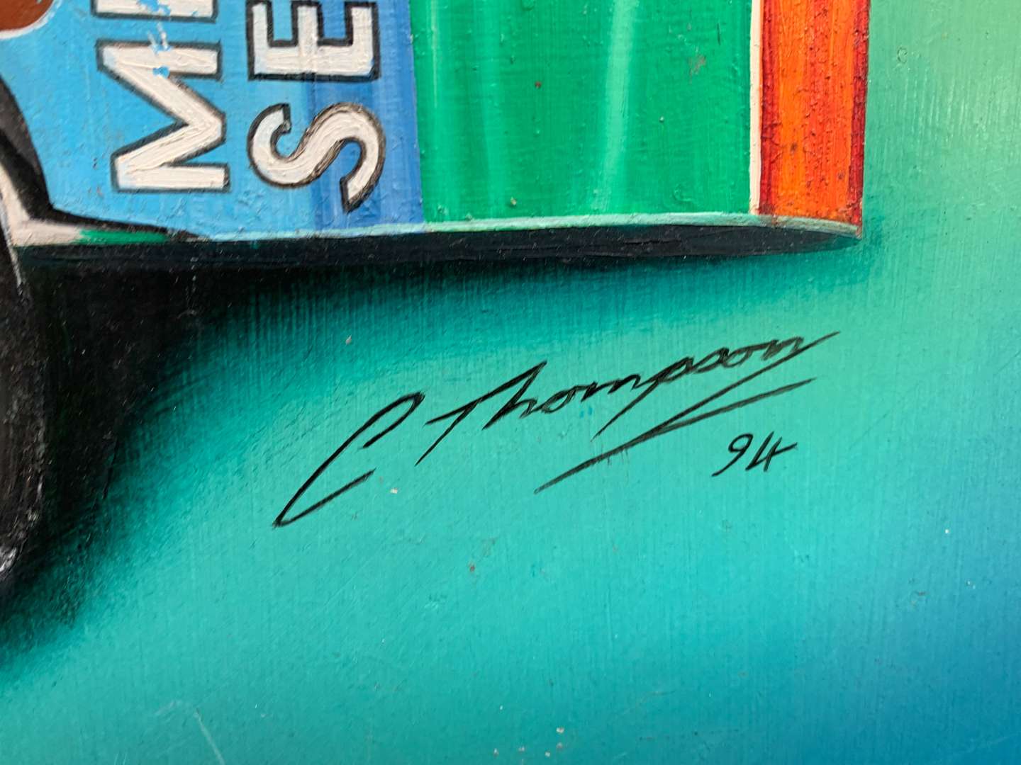 <p>Painted on Board Formula1 Car By C Thompson Dated 94</p>