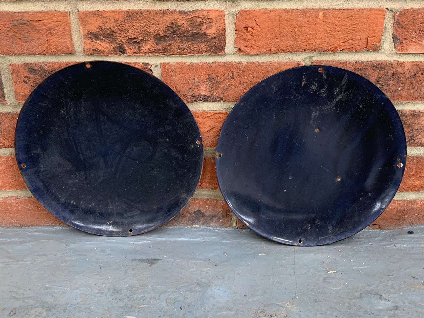 <p>Two Enamel Shell Convex Signs</p>