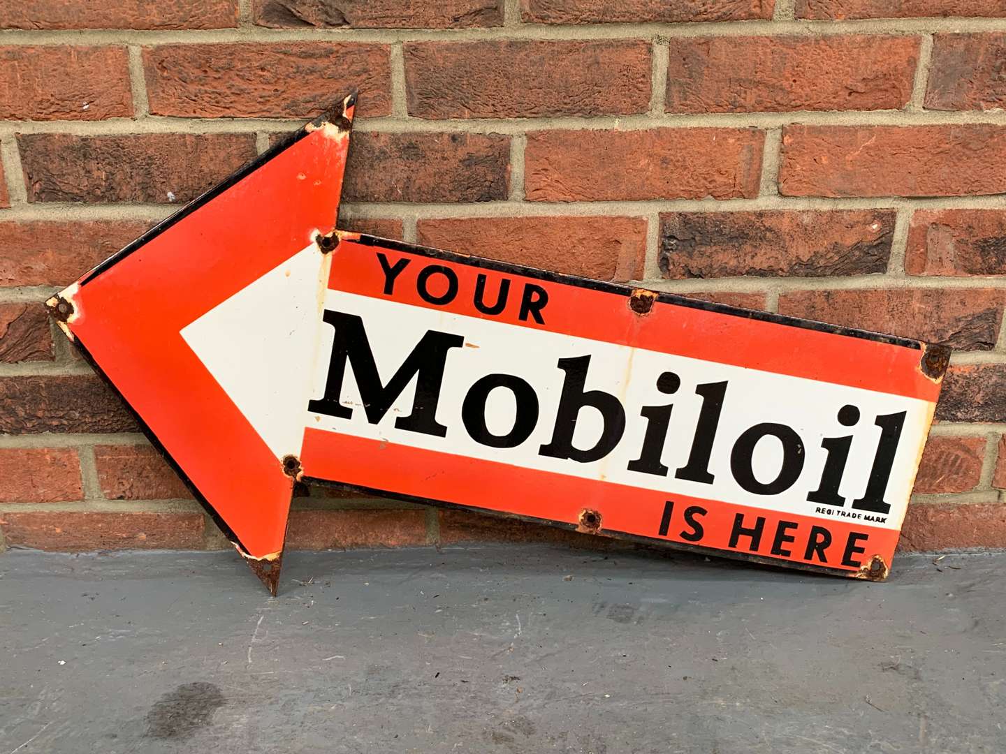 <p>Enamel “Your Mobiloil Is Here” Directional Sign</p>