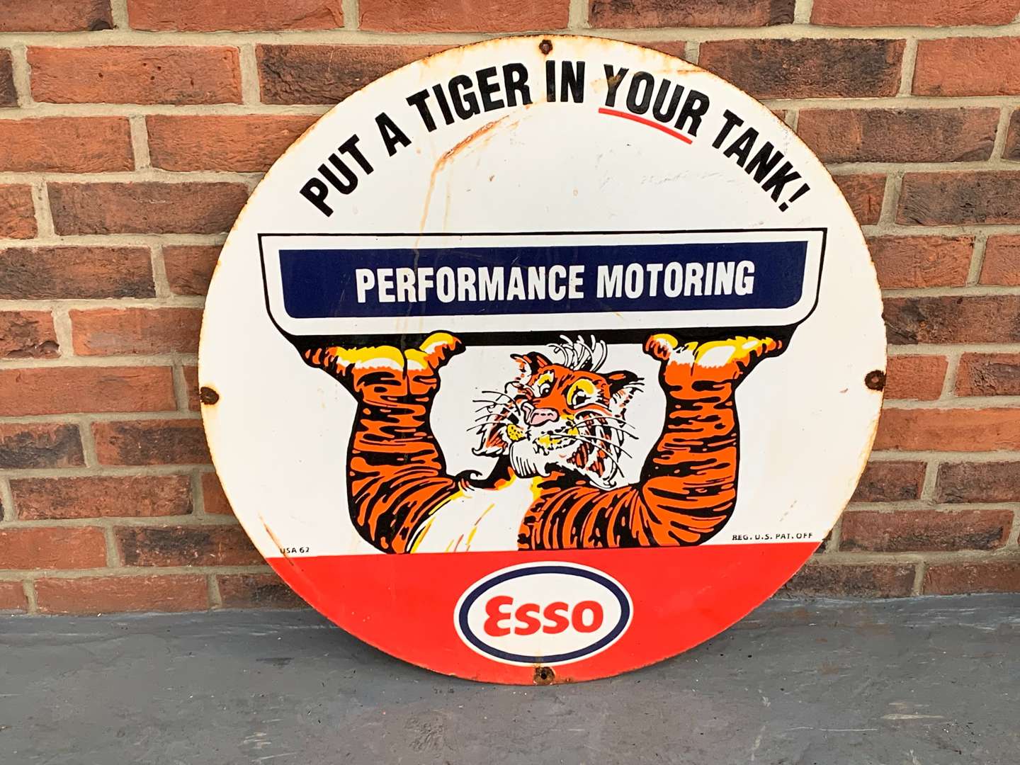 <p>Enamel Esso “Put a Tiger in Your Tank” Circular Sign</p>