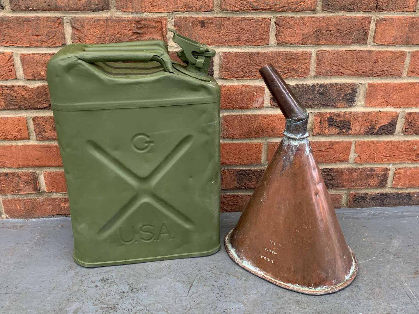 <p>1942 Dated US Jerry Can and Heavy Brass Funnel (2)</p>