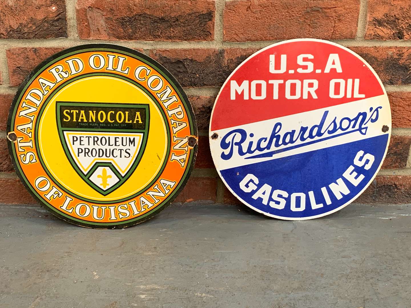 <p>Two Small Enamel Richardsons and Stanocola Gasoline Signs</p>