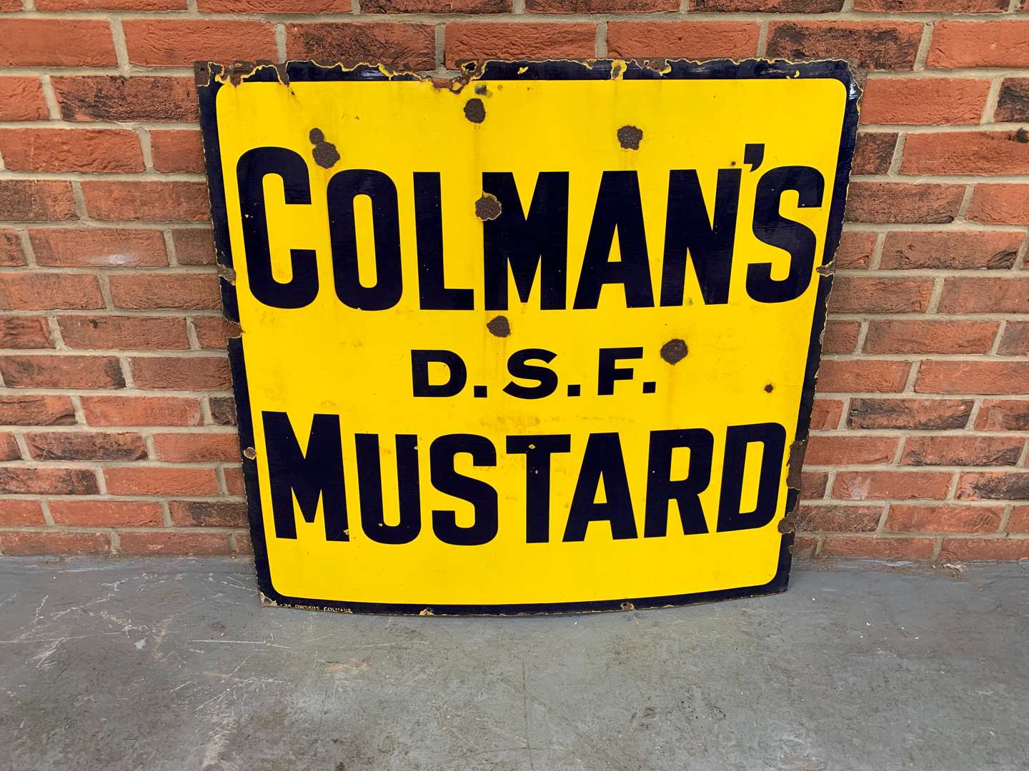 <p>Enamel Colmans D.S.F Mustard Sign</p>