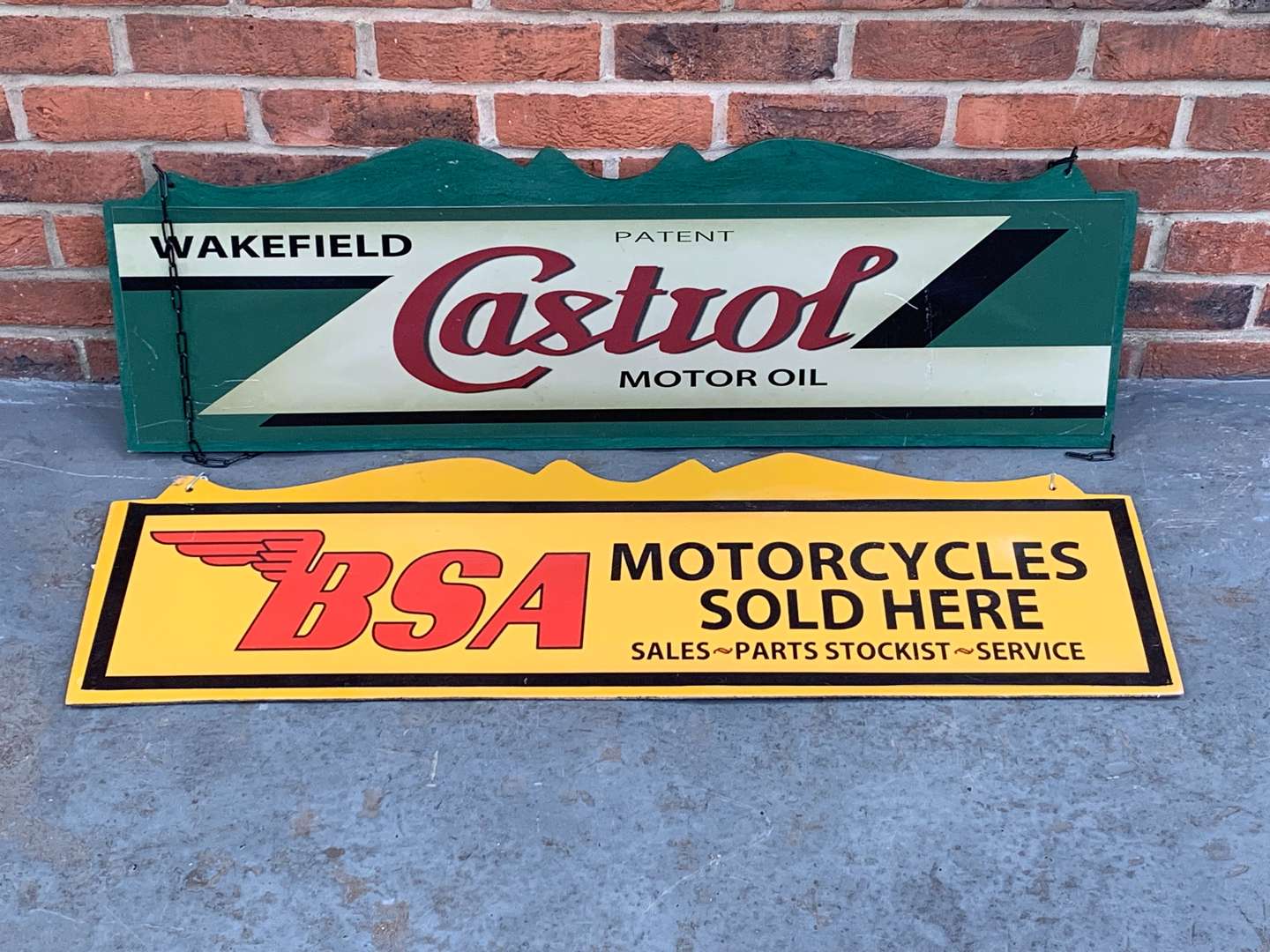 <p>Two Wooden Made BSA and Castrol Oil Hanging Signs</p>