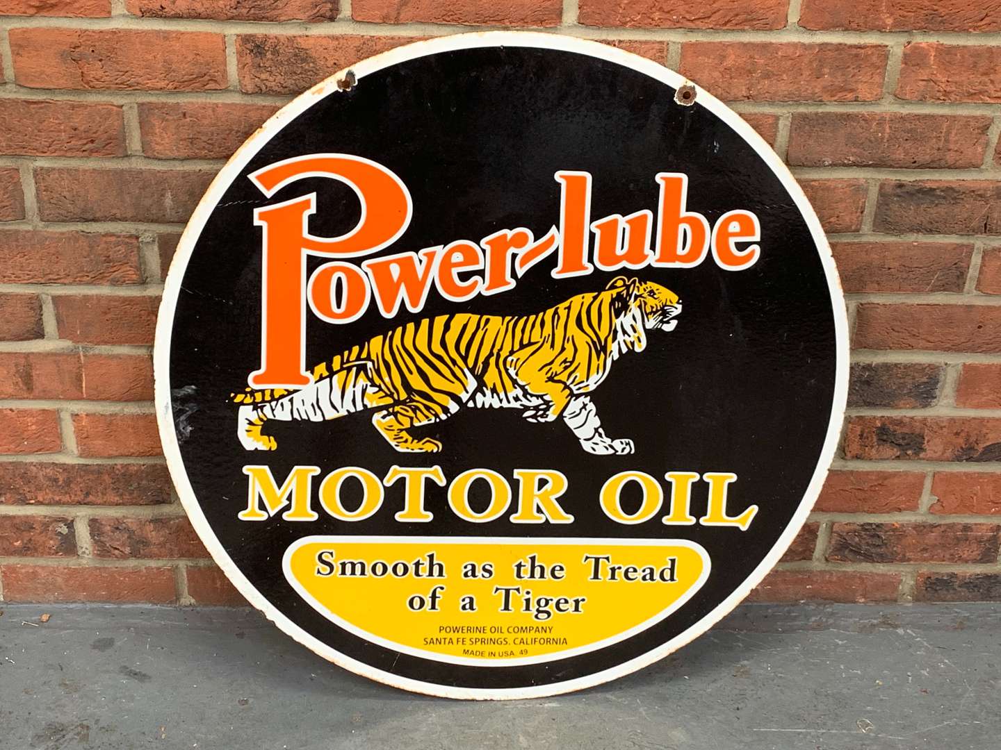 <p>Enamel Power-Lube Motor Oil Circular Sign</p>