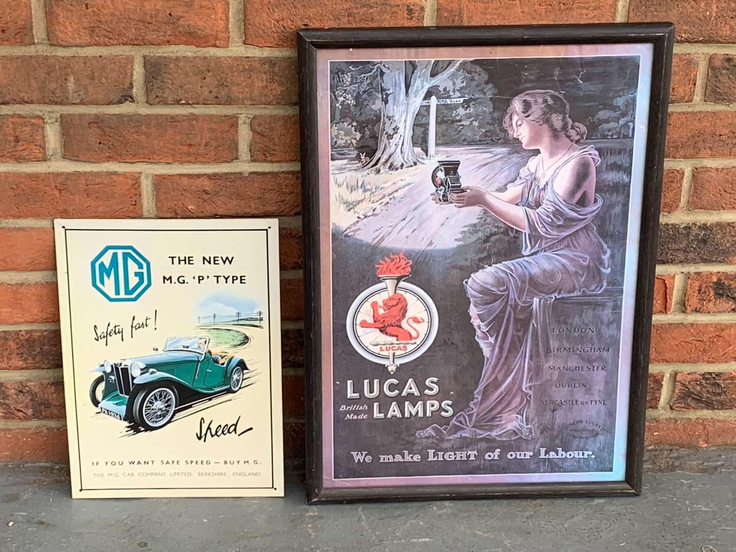 <p>Modern Tin MG Sign and Framed Lucas Print (2)</p>