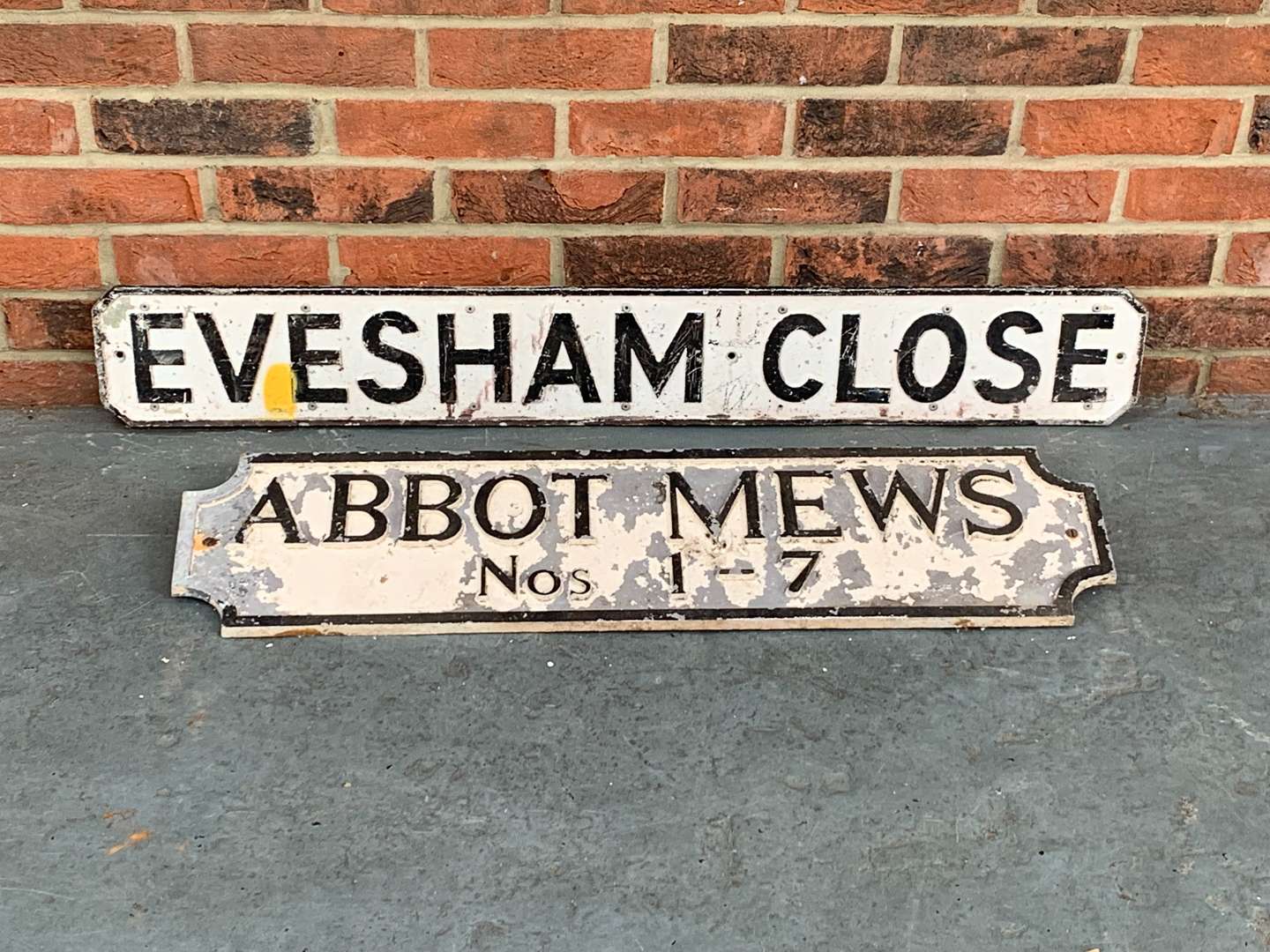 <p>Two Cast Aluminium Road Signs “Evesham Close” and "Abbot Mews" (2)</p>