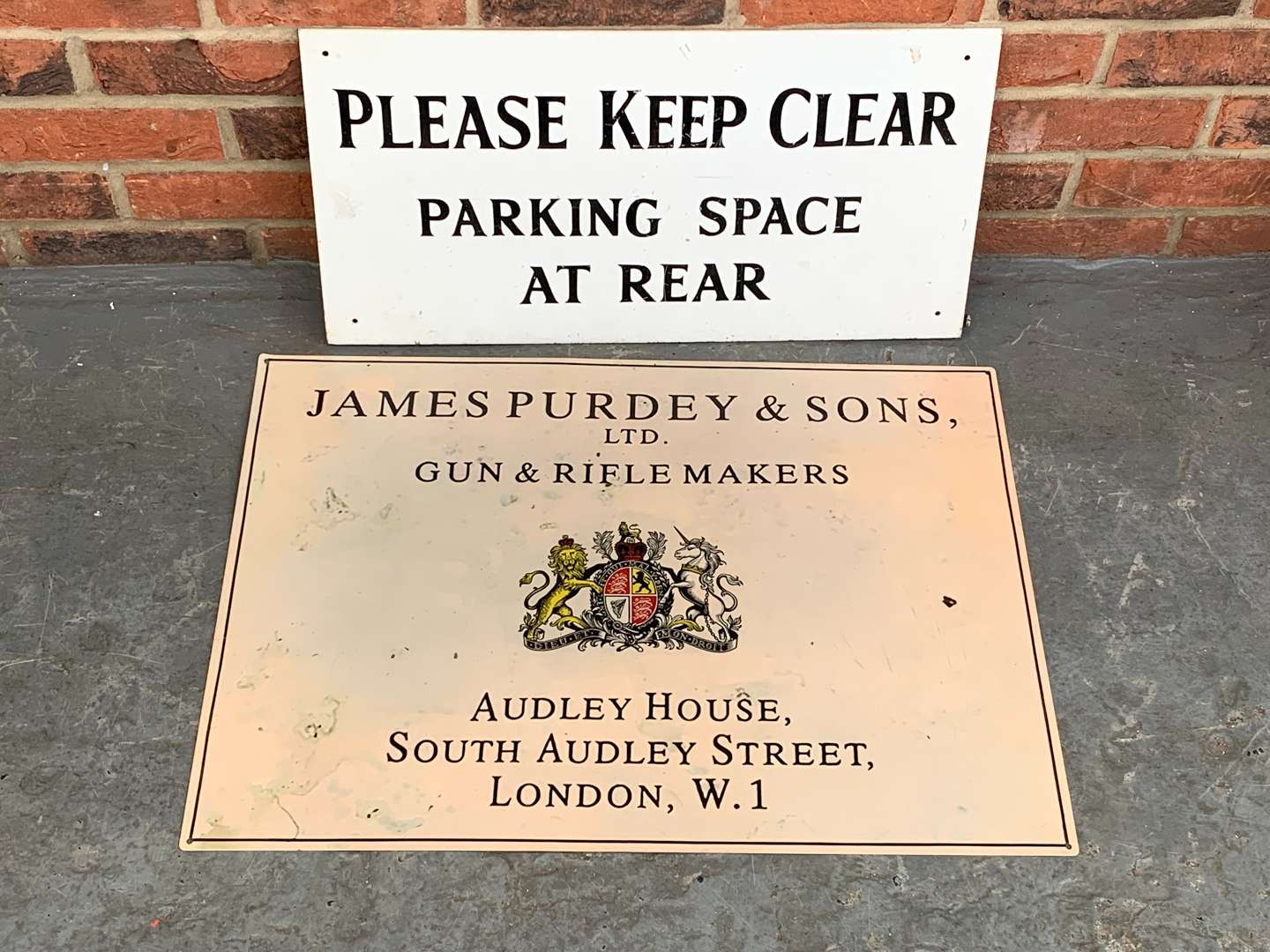 <p>Modern Metal “Please Keep Clear” and James Purdey and Sons Sign (2)</p>