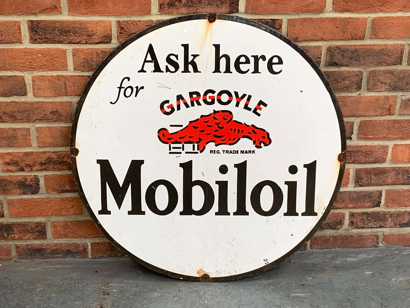<p>Ask Here Gargoyle Mobiloil Enamel Circular Sign</p>