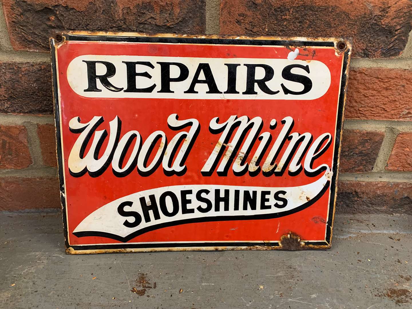 <p>Wood Milne Repairs and Shoeshine Enamel Sign</p>