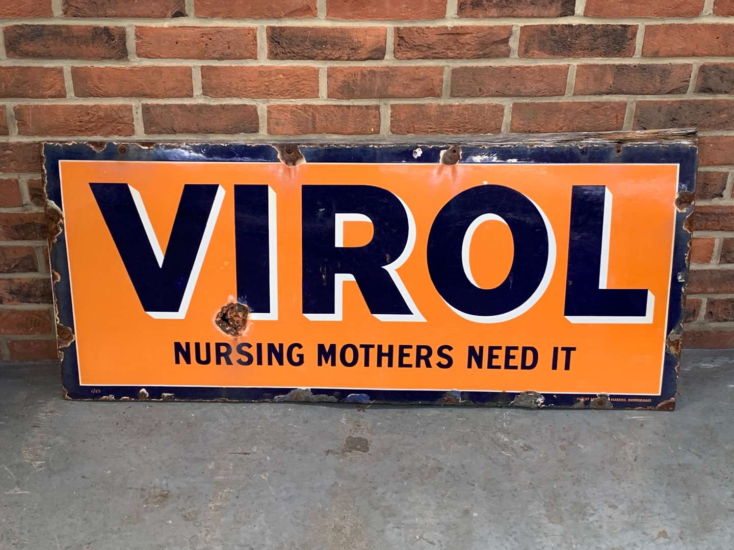 <p>Virol “Nursing Mothers Need It” Enamel Sign</p>