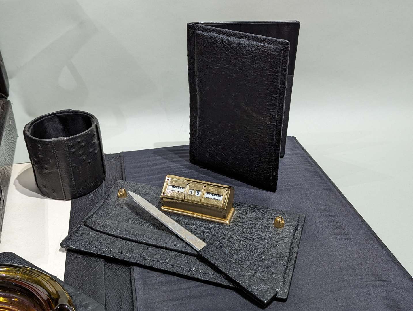 <p>Ostrich leather desk set circa 1970's&nbsp;</p>