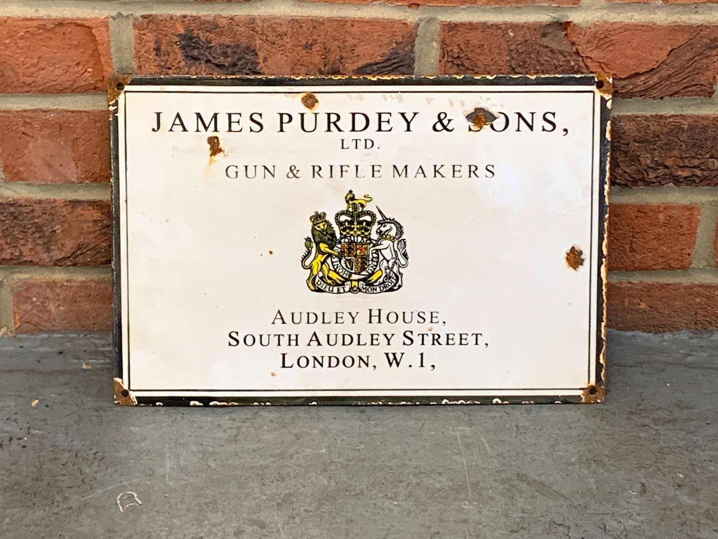<p>James Purdey and Sons Gun and Rifle Makers Enamel Sign</p>