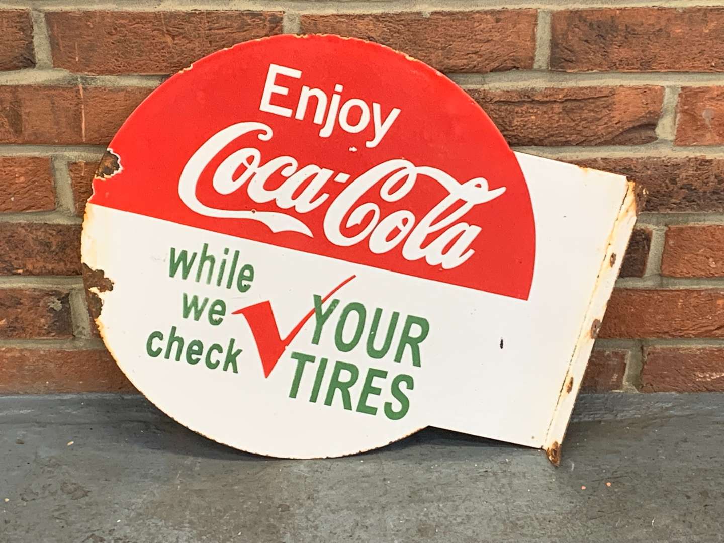 <p>Enjoy Coca Cola While You Check Your Tires Flange Sign</p>