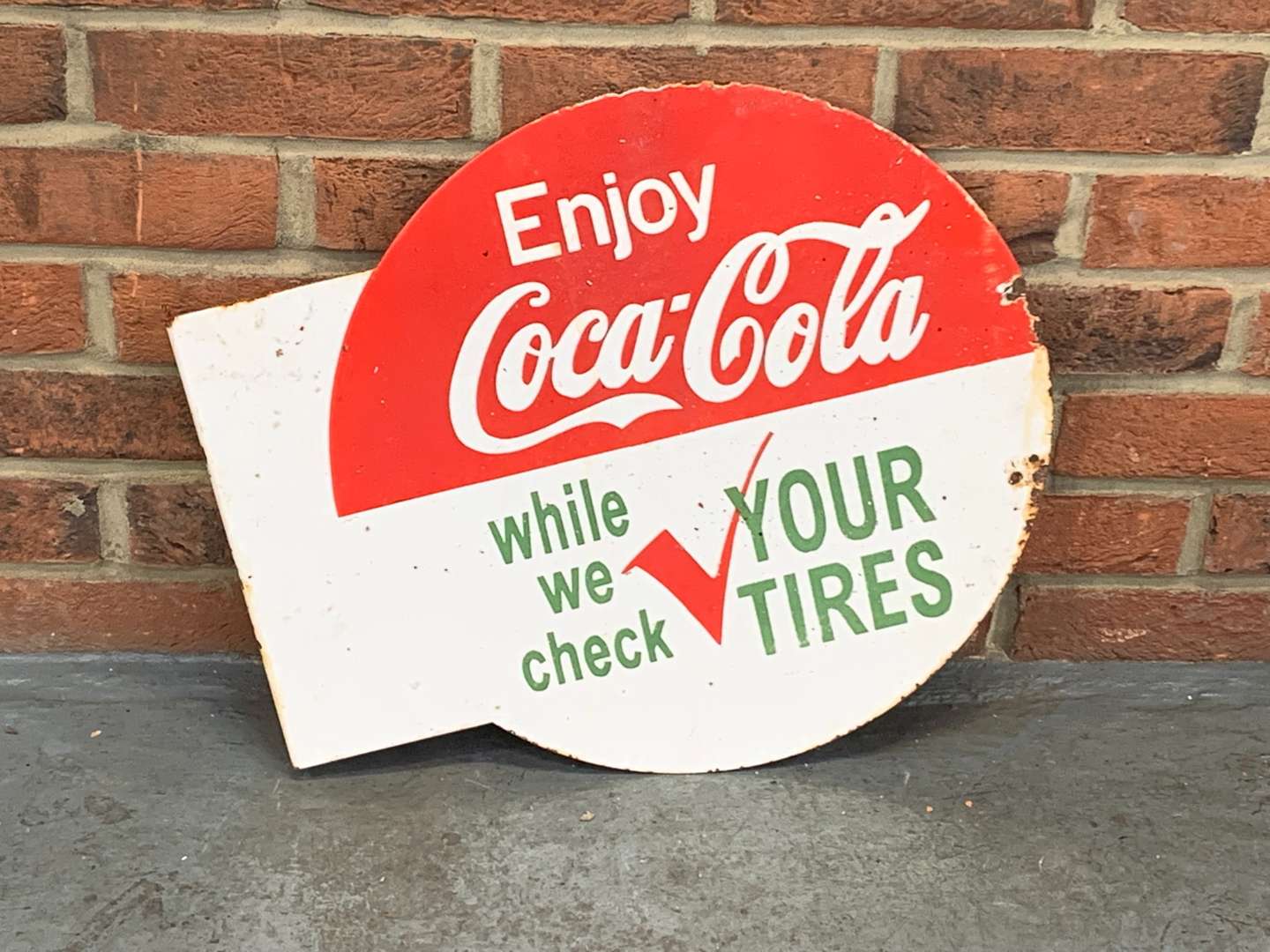 <p>Enjoy Coca Cola While You Check Your Tires Flange Sign</p>