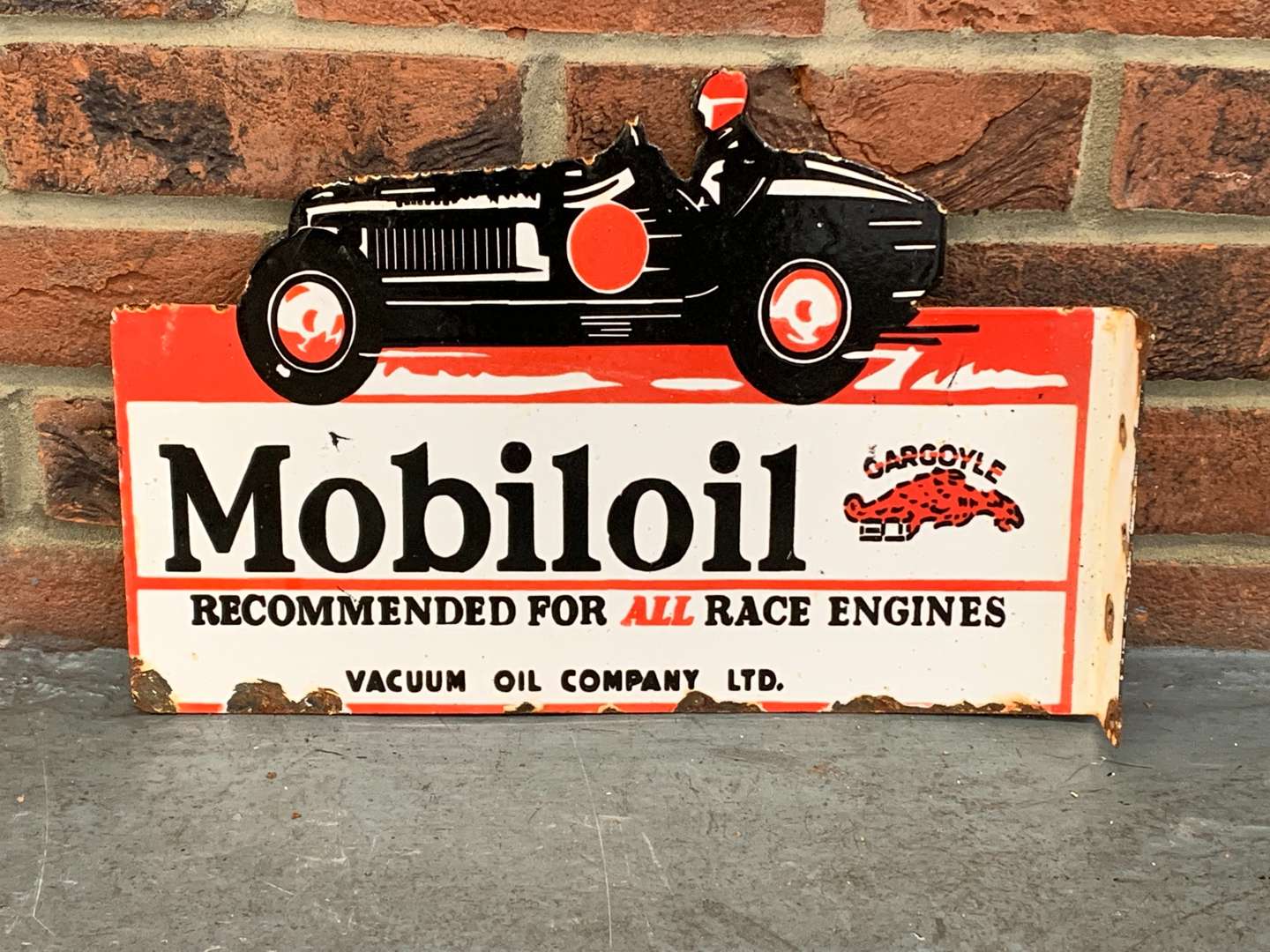 <p>Mobiloil “For All Race Engines” Flange Enamel Sign</p>