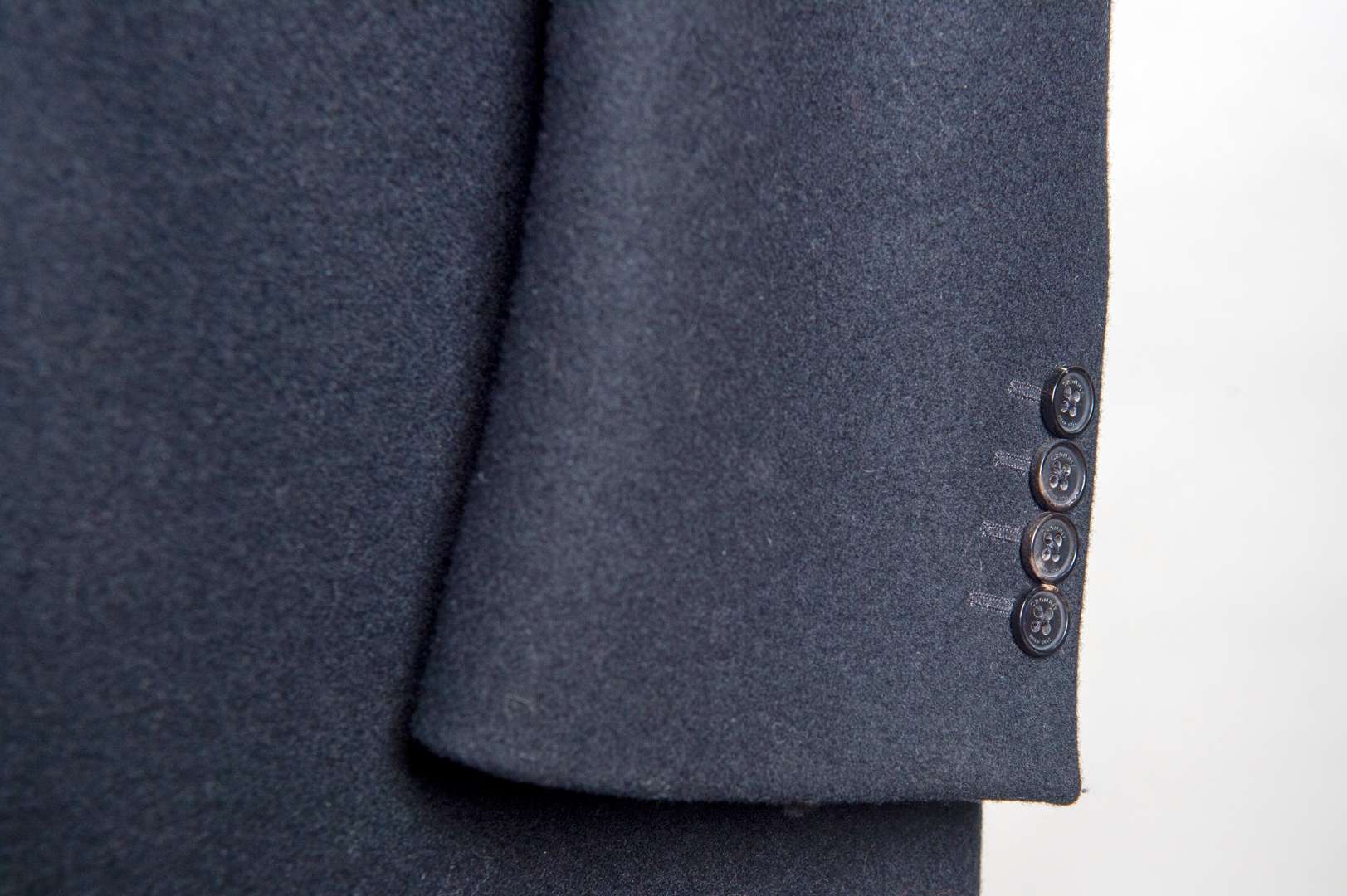 <p>CROMBIE, 100% black woolen covert coat with velvet collar, size 44</p>