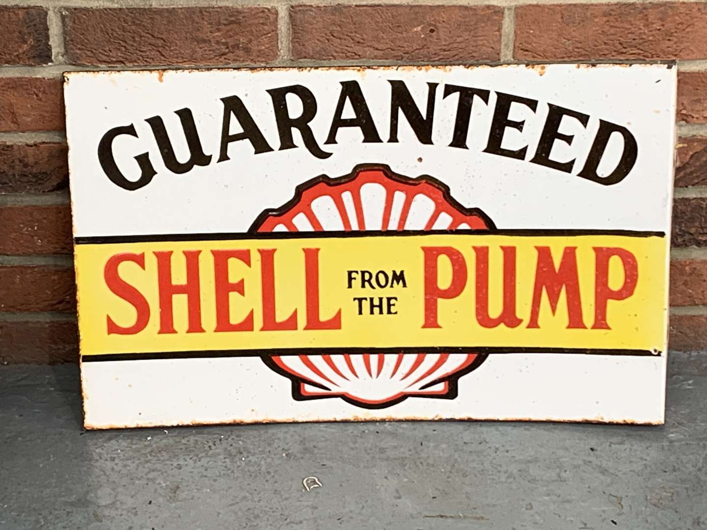 <p>Shell From The Pump Enamel Flange Sign</p>