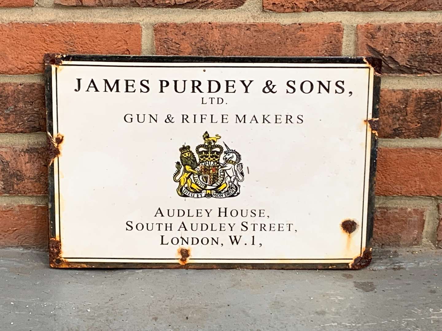 <p>James Purdey and Sons Gun and Rifle Makers Enamel Sign</p>