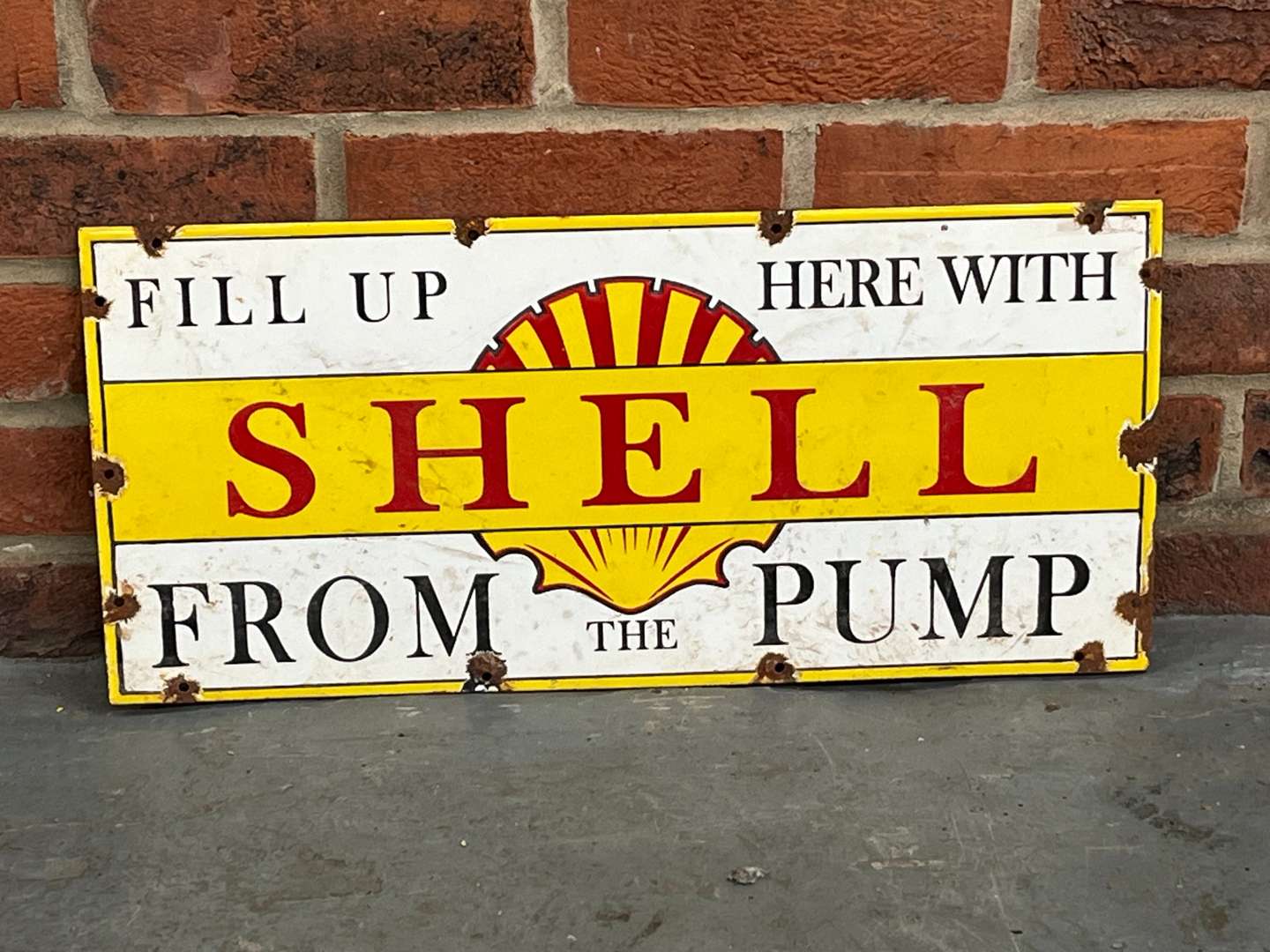 <p>Shell Fill Up From The Pump Enamel Sign</p>