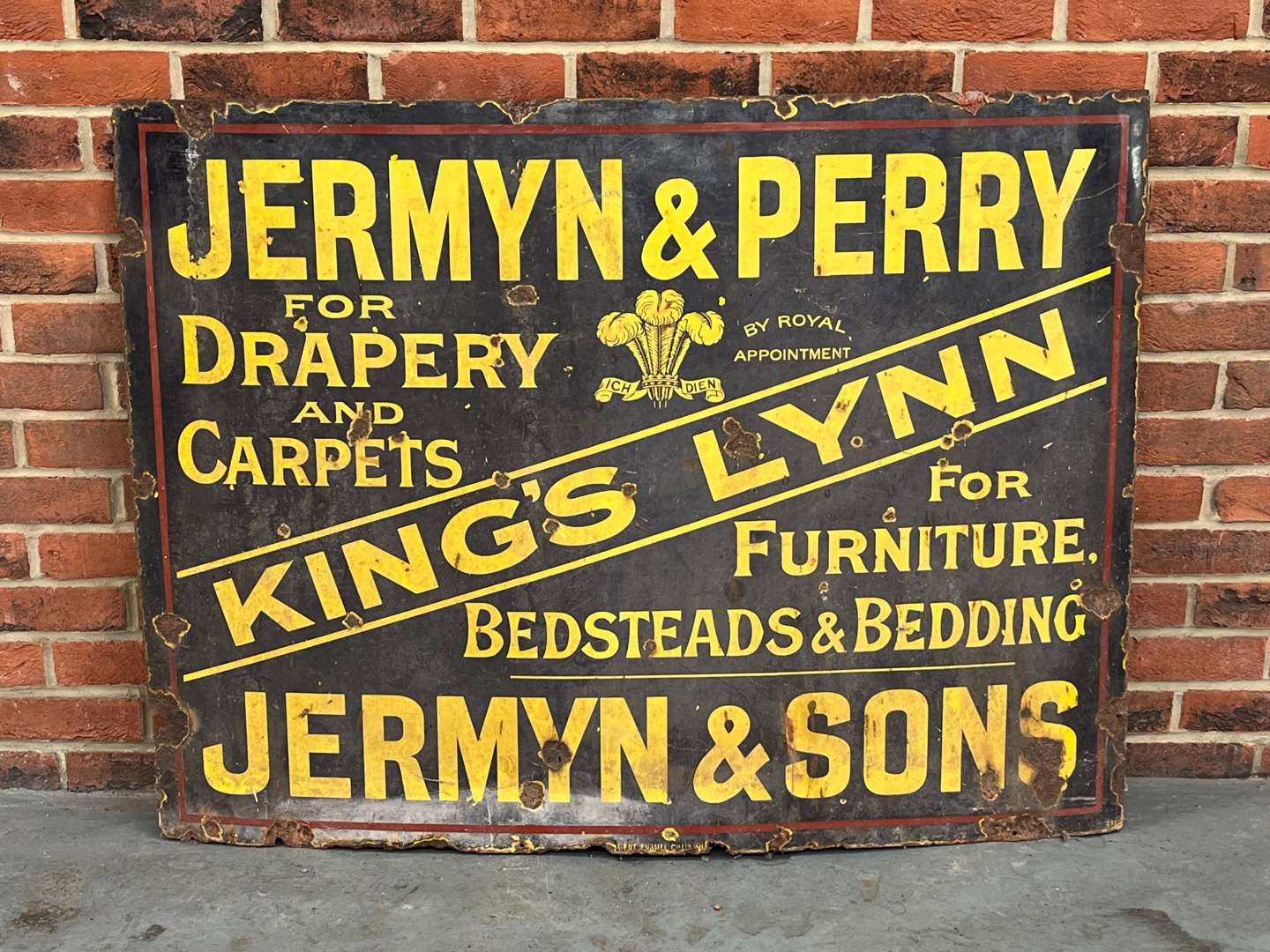 <p>Jermyn and Perry Of Kings Lynn Furniture Traders Enamel Sign</p>
