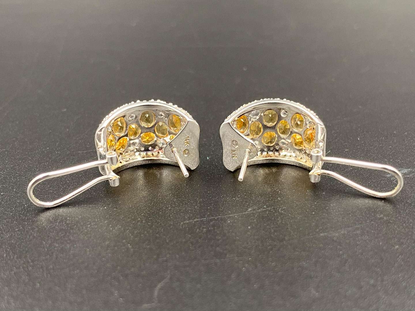 <p>Pair of 63ct diamond citrine, gold earings</p>