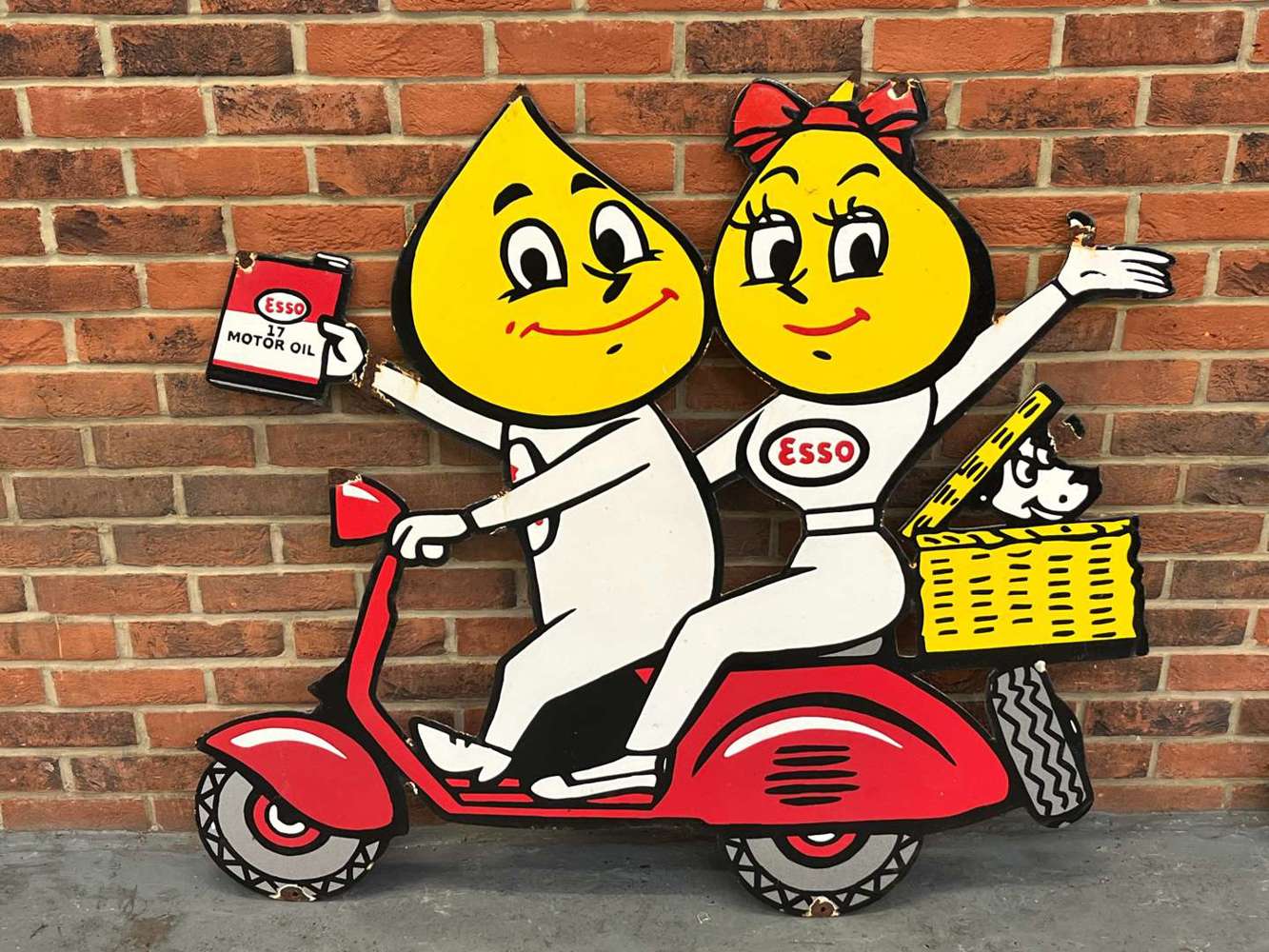 Esso Mr and Mrs Drip On A Scooter Large Enamel Sign Sat 2nd & Sun 3rd