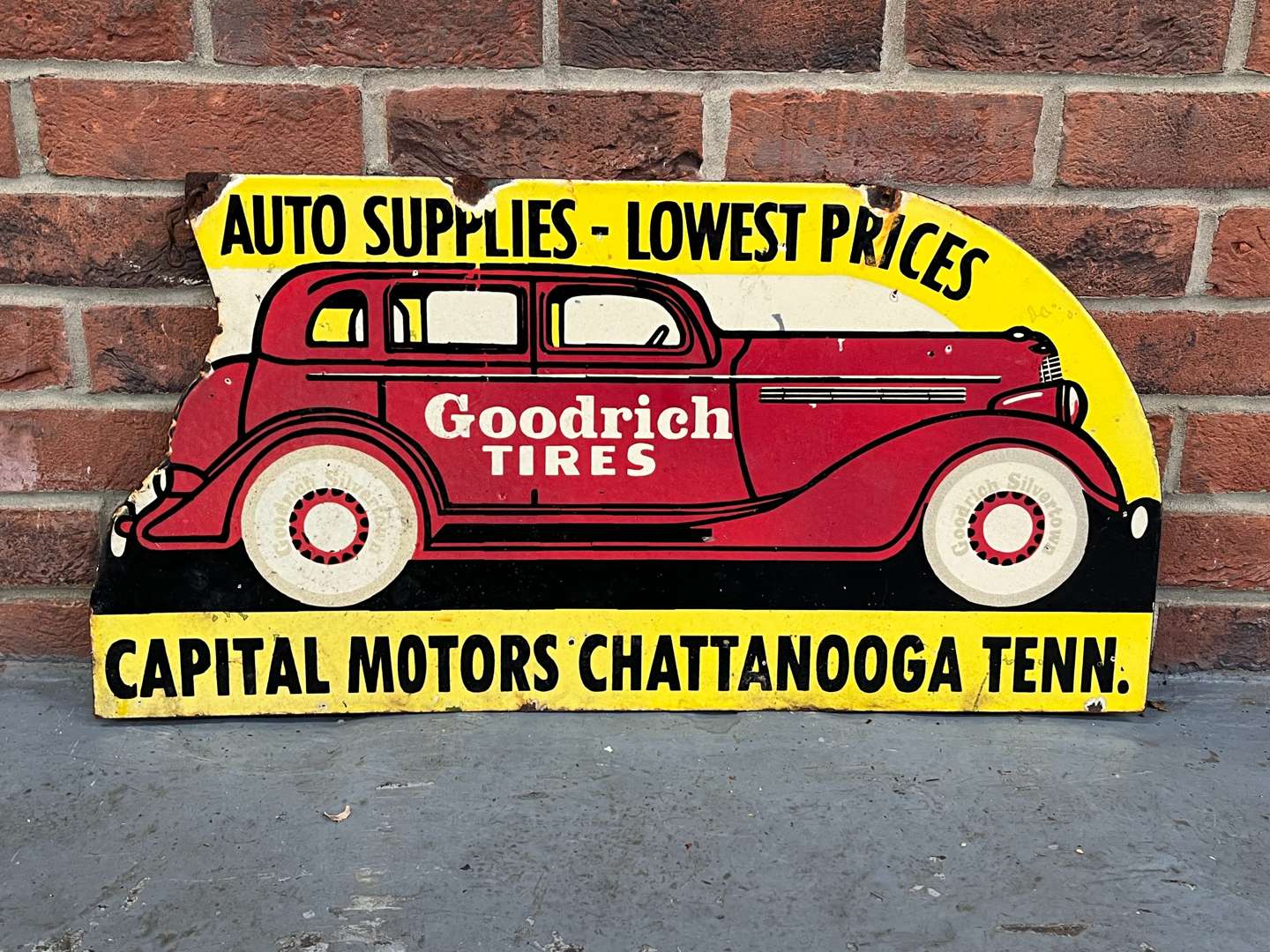 <p>Goodyear Tyre's "Auto Supplies-Lowest Prices Enamel Sign</p>