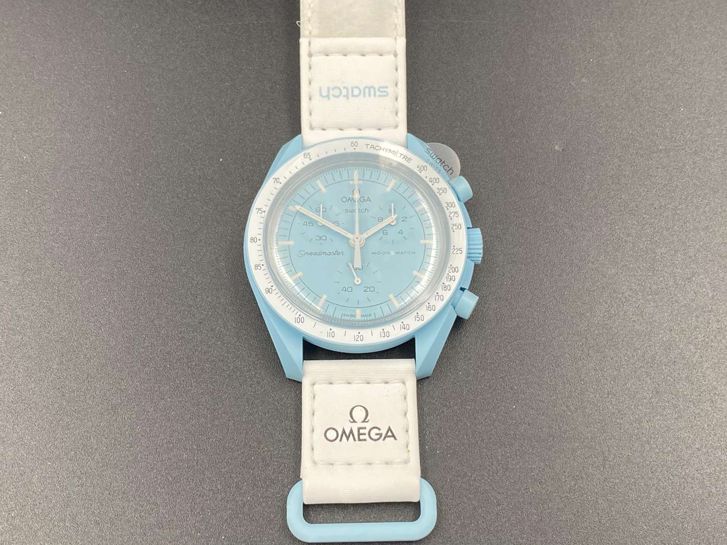 <p>SWATCH Moonswatch “Mission to Uranus” bioceramic two button quartz chronograph</p>